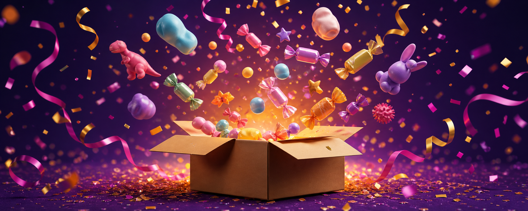 Open gift box bursting with confetti and treats