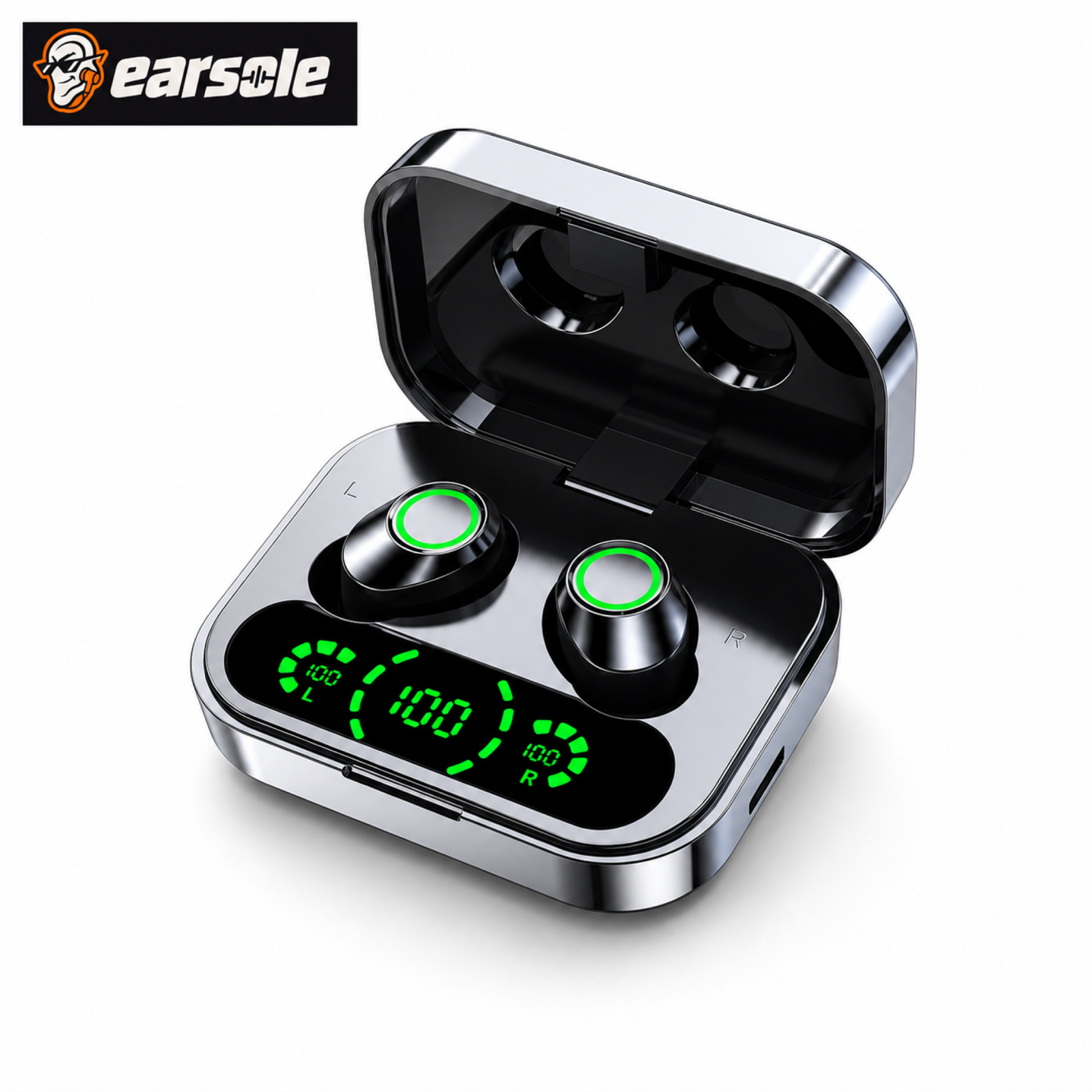 Earscle wireless earbuds with LED display charging case on white background