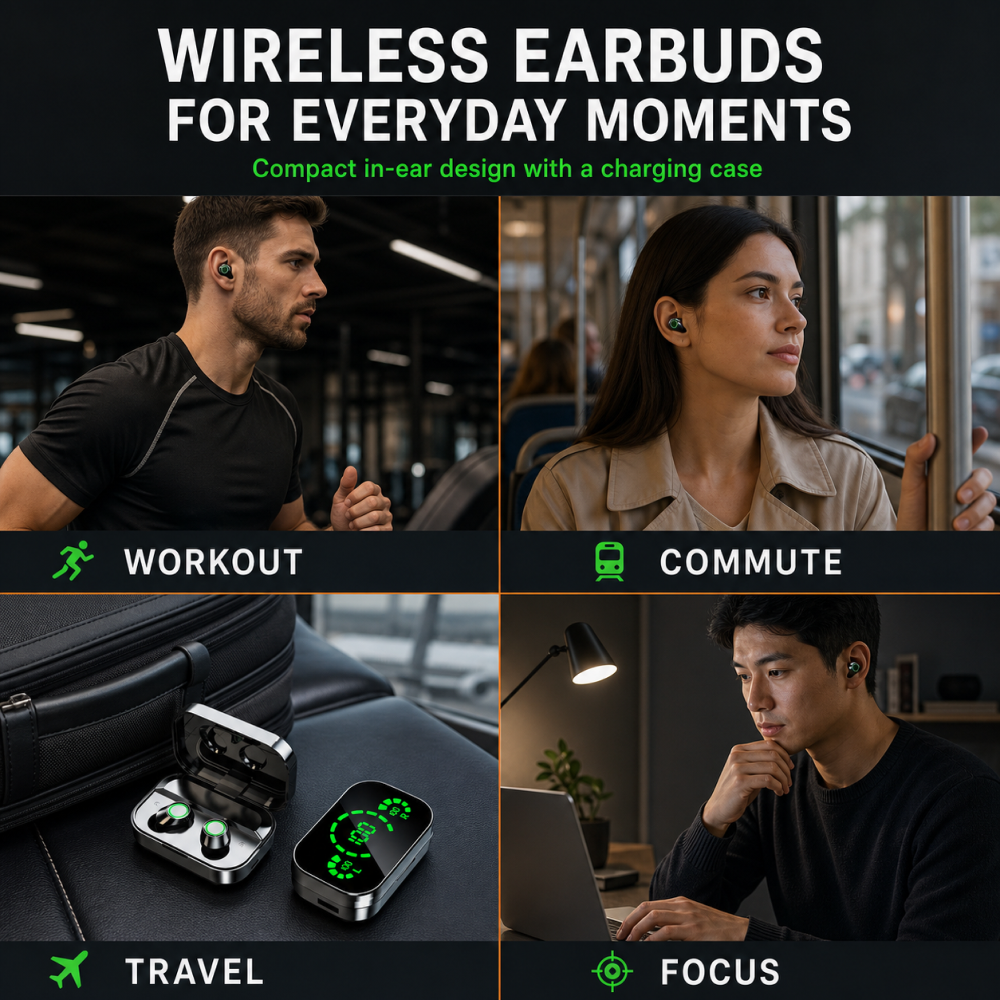 Wireless earbuds for workout, commute, travel, and focus
