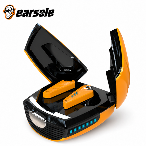 EARSOLE Beetle mechanical wireless gaming earbuds in Yellow on white background