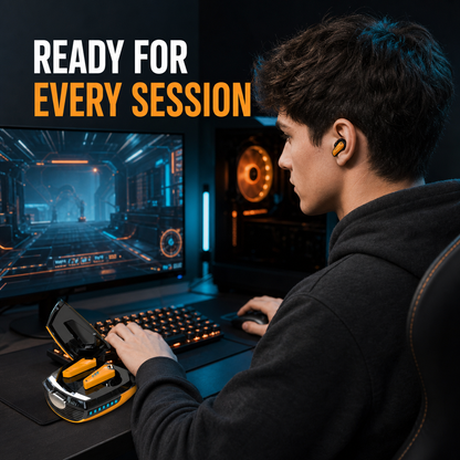 Wireless gaming earbuds in a PC gaming setup