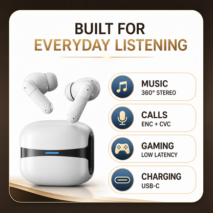 Wireless earbuds for music calls gaming and USB-C charging