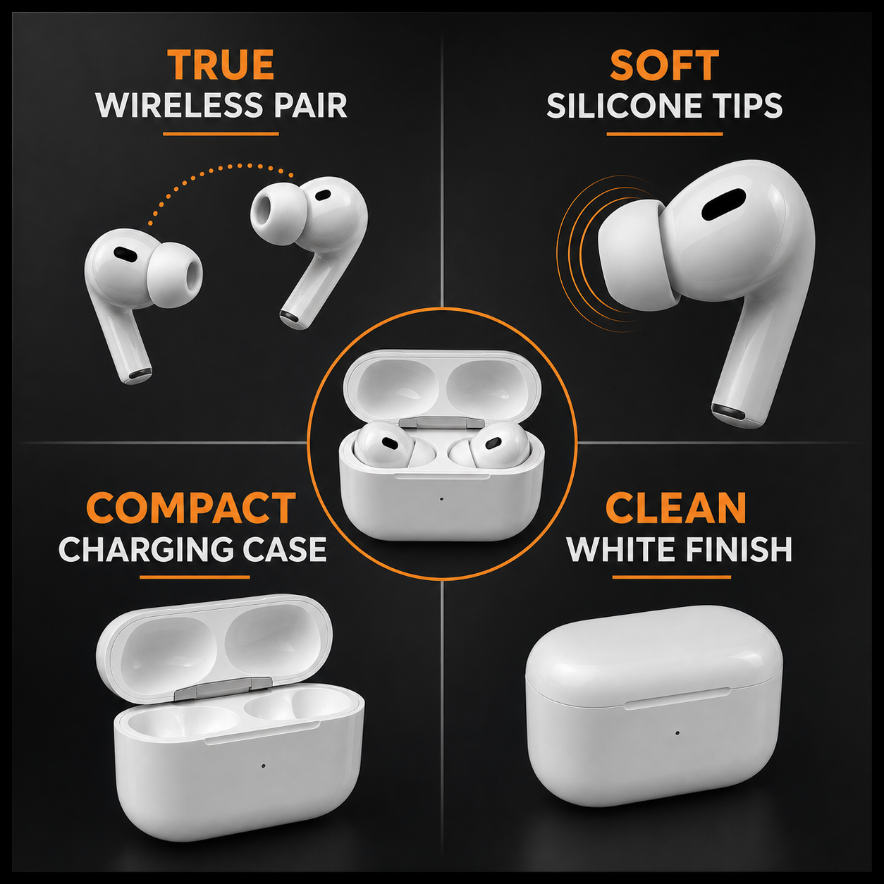 White wireless earbuds with silicone tips and compact case