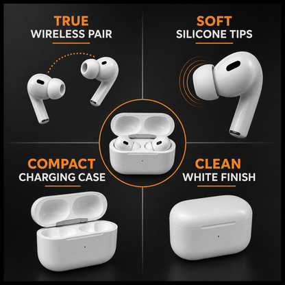 White wireless earbuds with silicone tips and compact case