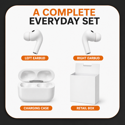 White earbuds charging case and retail box contents