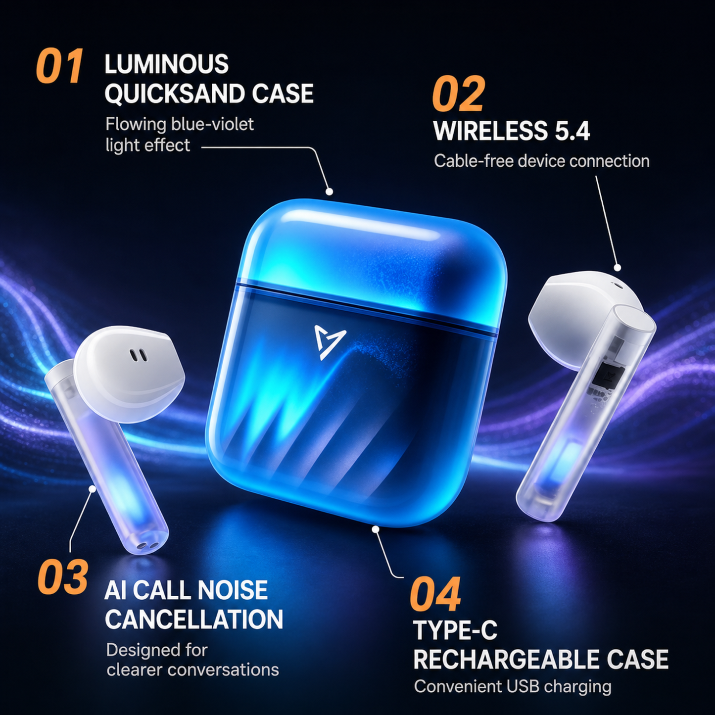 Wireless earbuds with luminous case Bluetooth 5.4 and Type-C features