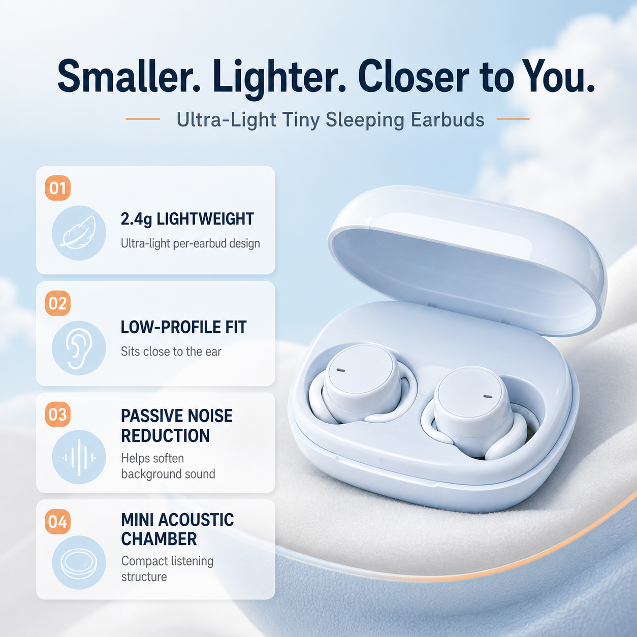 Ultra-light low-profile sleeping earbuds features