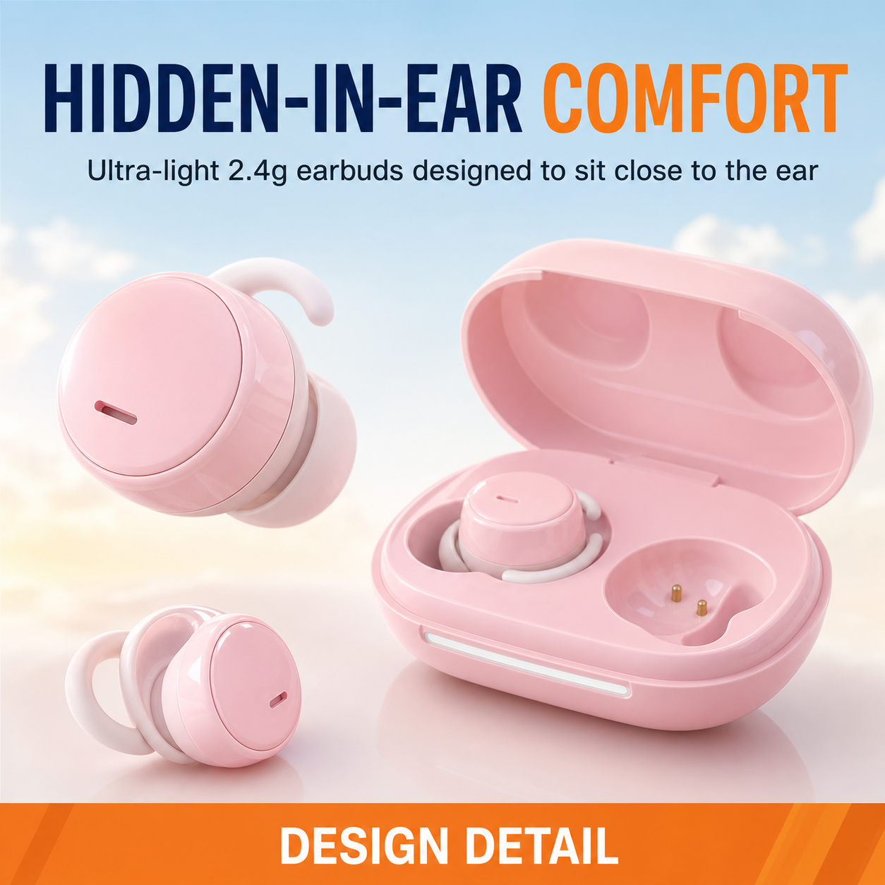 Soft pink tiny earbuds designed to sit close to the ear