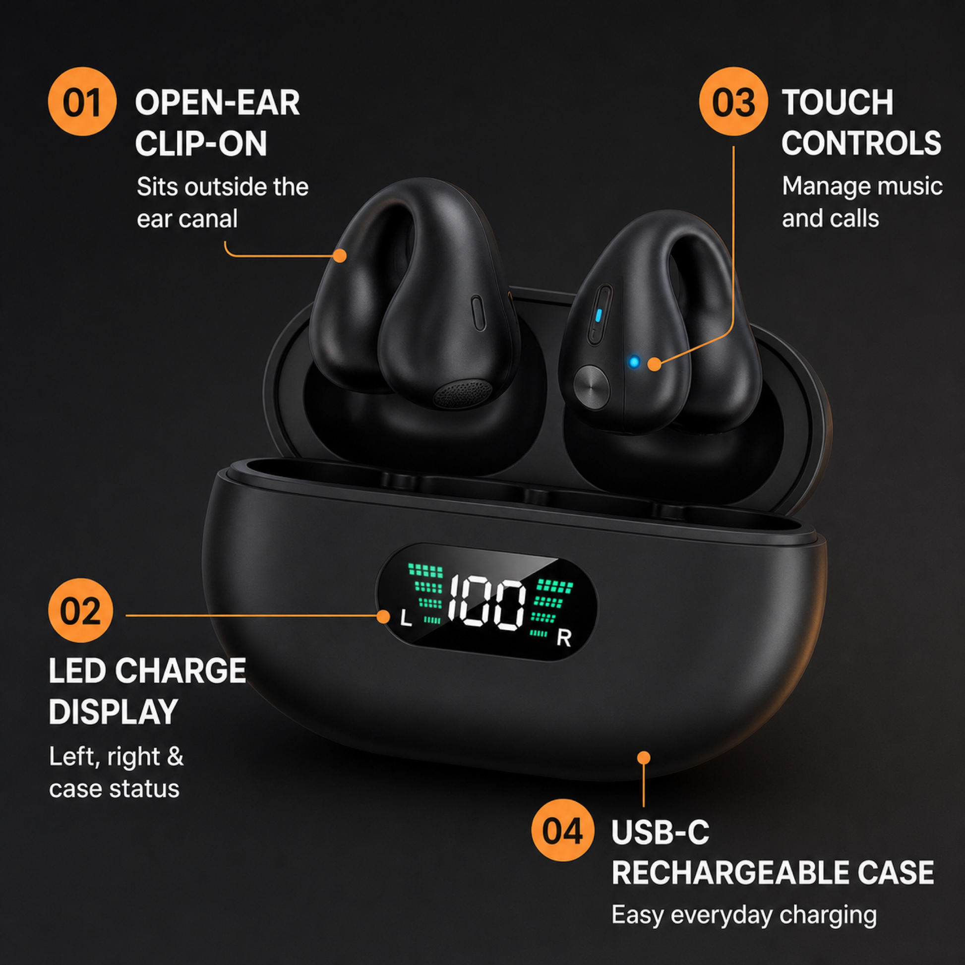 Open-ear clip-on earbuds feature overview