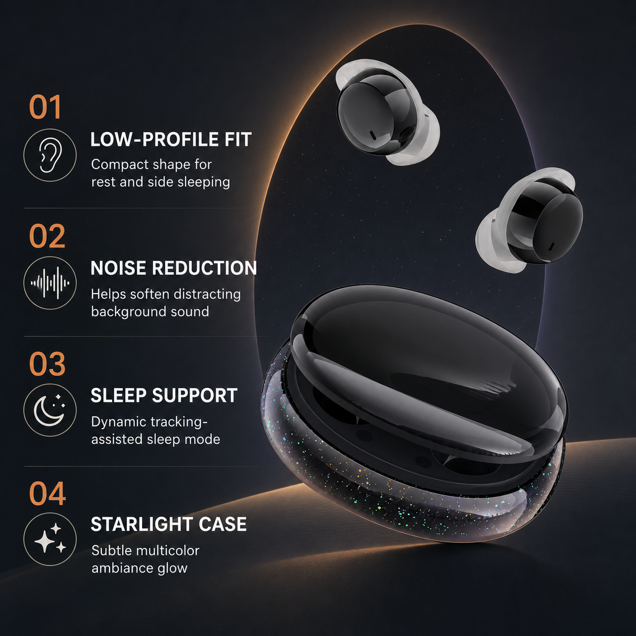 Low-profile sleeping earbuds with noise reduction and starlight case