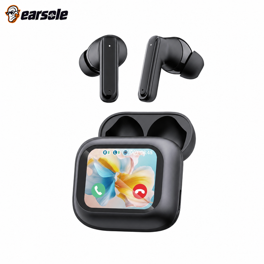 EARSOLE smart wireless earbuds with LCD touchscreen charging case on white background