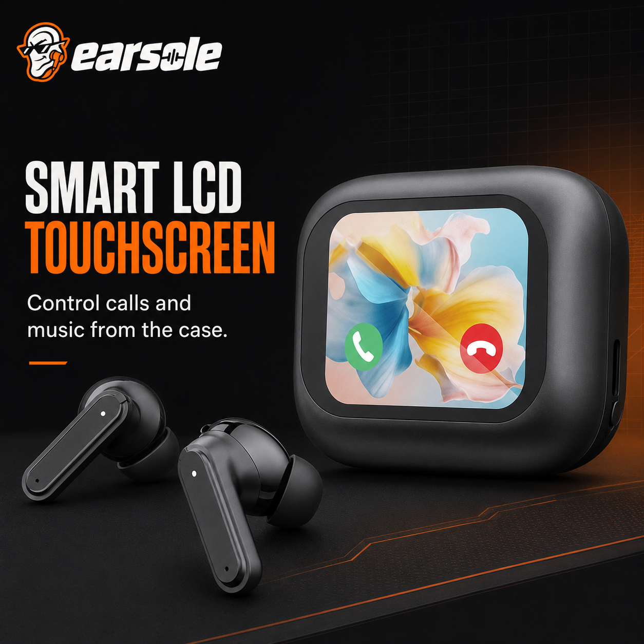 Touch screen earbuds with smart LCD charging case controls