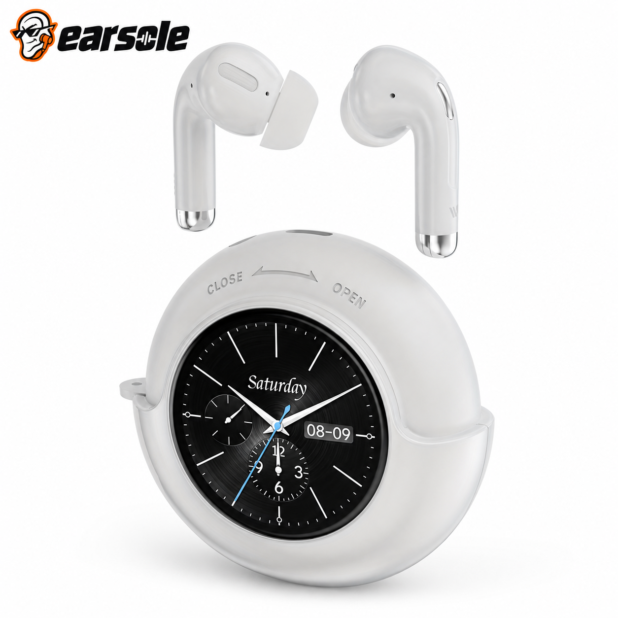 EARSOLE smart touchscreen wireless earbuds in White on white background