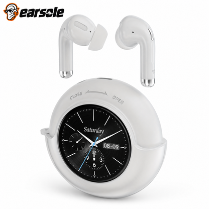EARSOLE smart touchscreen wireless earbuds in White on white background
