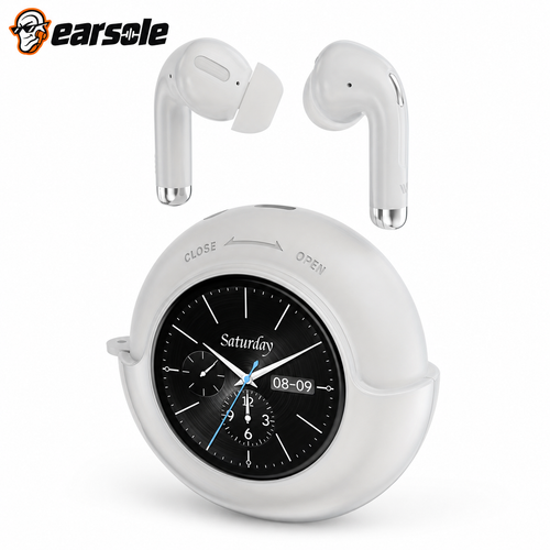 EARSOLE smart touchscreen wireless earbuds in White on white background