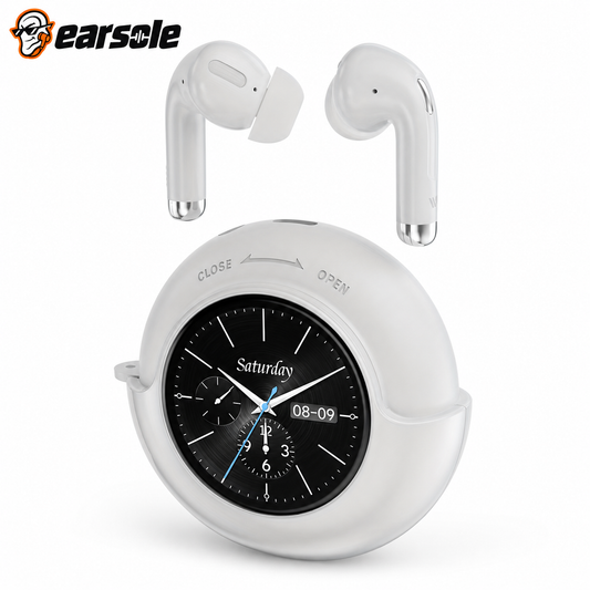 EARSOLE smart touchscreen wireless earbuds in White on white background