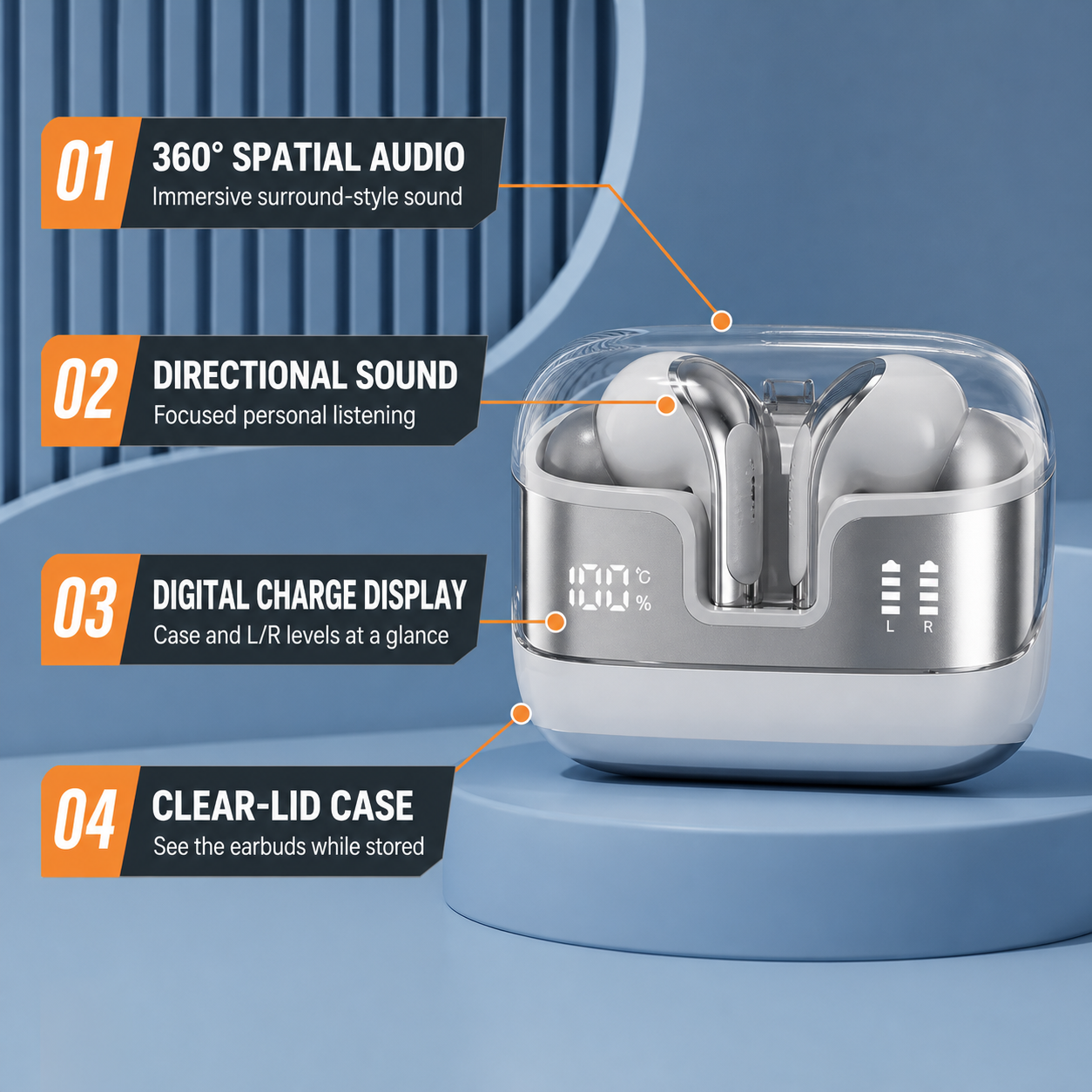 Spatial audio wireless earbuds with digital charge display
